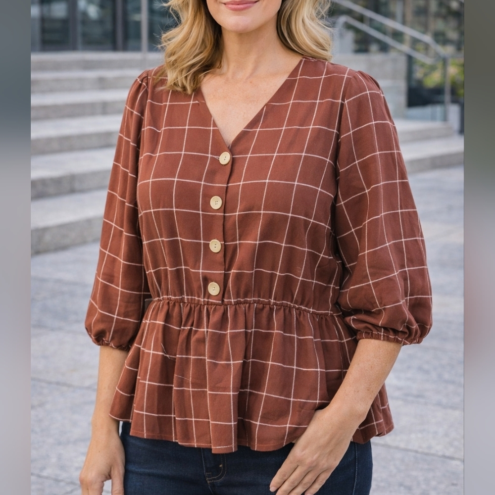 LC Lauren Conrad Brown Plaid Peplum Blouse XXL